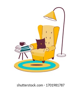 Imagen vectorial de un lugar acogedor para leer. sillón de estilo inglés con almohada, lámpara, mesa baja con libros y taza. El interior en estilo plano.
