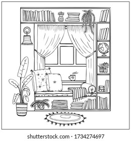 Vector Illustration gemütlichen Ort zum Lesen von Büchern durch das Fenster