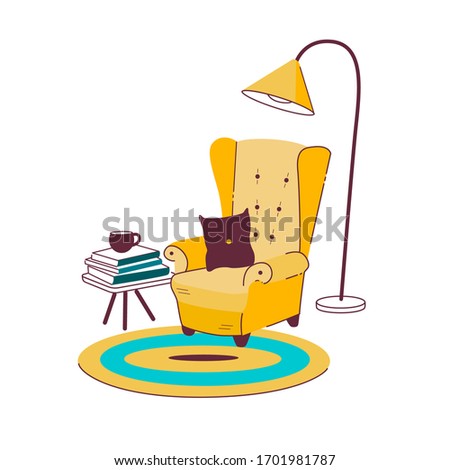 Vector illustration of a cozy place to read. English style armchair with a pillow, floor lamp, coffee table with a books and cup on it. The interior in flat style.