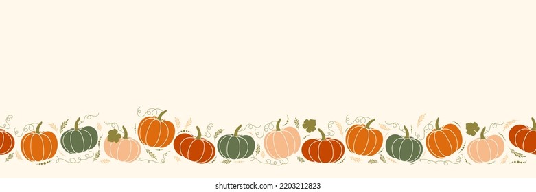 Vector illustration with cozy pumpkins. Horizontal seamless pattern, cute squash. Thanksgiving background for linen, textiles, banner. Halloween party with gourds. Hygge design