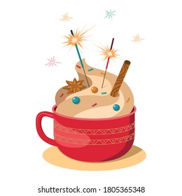 Vector illustration of a cozy red cup of hot chocolate with topping, confetti and sparklers. Merry Christmas and Happy New Year. Can be composed and used for postcards, invitations, stationery, textil