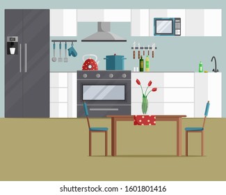 Vector Illustration of Cozy Retro Kitchen Interior. Modern Concept Design with Furniture, Stove, Table, Chairs, Fridge and Kitchen Appliances. Indoor Scene, Home Background in Cartoon Flat Style