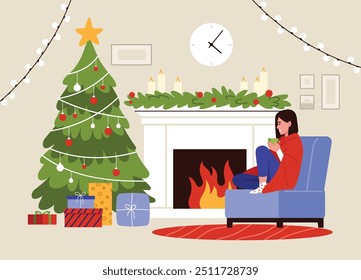 Vector illustration of a cozy room interior with a Christmas tree.Cartoon scene of a girl sitting in a chair, wrapped in a blanket with a cup of drink,a fireplace,a Christmas tree with garlands,gifts.