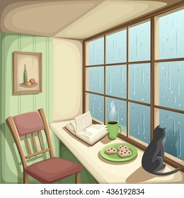Vector Illustration Of A Cozy Room And Rain Outside The Big Window.