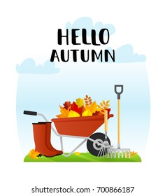 Vector illustration of a cozy scene with wheelbarrow full of autumn leaves and rubber boots. Hello autumn greeting card.