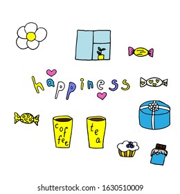 Vector illustration of a cozy set, a daisy, a window with a flower in a pot, the inscription happiness in colorful letters, hearts, cups with tea and coffee, cake, chocolate bar, packing box, candy
