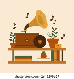 Vector illustration of a cozy shelf with a vintage gramophone, books, vinyl records, and potted plants. A warm, nostalgic composition perfect for retro, music, and home decor themes