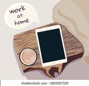 Vector illustration of a cozy space for working at home. Work on the tablet over a cup of coffee.