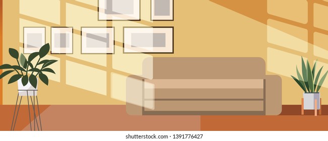 Vector illustration cozy sunny interior in modern style with sofa, flowers and frames. Flat, cartoon