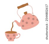 Vector Illustration of Cozy Teapot Pouring Tea into a Cup with Polka Dot Pattern. Charming and minimalist vector illustration 