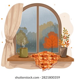 Vector illustration of a cozy window sill with a steaming mug, plaid blanket, and rain outside