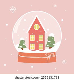 Vector illustration of a cozy winter snow globe with a cute red house and snow-covered trees inside. Perfect for holiday greeting cards, Christmas decorations, and festive designs