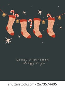 Ilustración vectorial. Invierno acogedor, calcetines con regalos, Navidades. Afiche, postal, cubierta. Estilo retro.