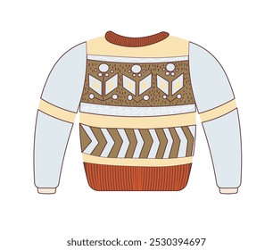 Vector illustration of a cozy winter sweater with a traditional design in earthy tones, isolated on a white background. Ideal for seasonal designs, decor, and apparel projects.