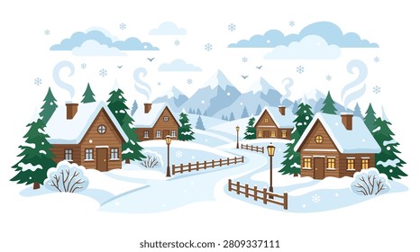 Vector illustration of a cozy winter village featuring rustic wooden cabins nestled in a snowy mountain landscape during snowfall