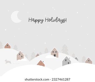 Vector illustration of cozy wooden cabins, houses standing in the snowy slopes. Artwork, design for Christmas greeting cards, posters in a trendy style