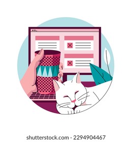 Vector illustration. Cozy working atmosphere with a cat and a cup of hot drink. Illustration for social networks, applications and websites.