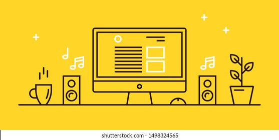 Vector illustration of a cozy workplace with a computer monitor, music speakers, a plant and a cup of hot coffee. Linear icon of desktop computer.