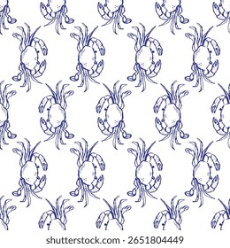 Vector illustration of a crab with detailed claws and shell. Artistic and seamless pattern design featuring marine elements and shellfish. Ideal for seafood themes and textiles.