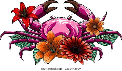 vector illustration of crab with flower