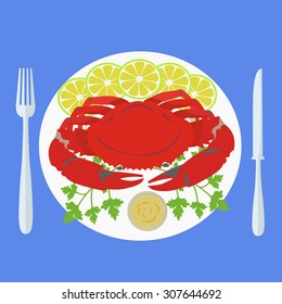 Vector illustration of a crab on plate with garnish