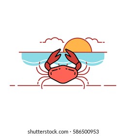 Vector illustration of the crab on a seashore on sunset and ocean background.