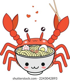 Vector illustration of Crab and a plate of kawaii noodles