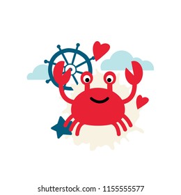 Vector illustration of crab with steering wheel. Cute collection of Summer time icons. Summer vacation and sea logo. For card, invitation, print, calendar, baby shower. 