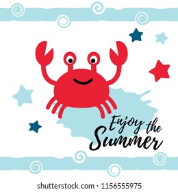 Vector illustration of crab. Summer vacation and sea travel poster. Cartoon flat style vector illustration. Design for covers, cards, envelopes, flyers.