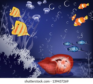 Vector illustration of a crab underwater