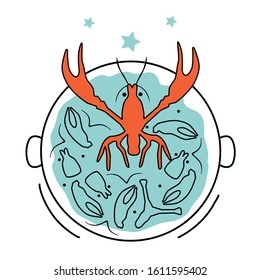 Vector illustration of crabs in a bucket. Psychological concept, metaphor, Crab mentality, way of thinking. svg