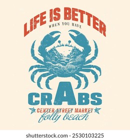 Vector illustration of crabs, Retro food graphics vintage tee print design, Crab vector .College New York typography. T-shirt graphic. Sea ​​adventure design for the summer. Alaska t-shirt design