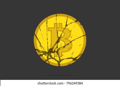 Vector illustration with cracked bitcoin, flat design