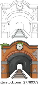 Vector illustration of cracked brick railway tunnel entrance with clock, overgrown plants, and perspective tracks
