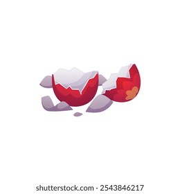 Vector illustration of a cracked eggshell with a beautiful red pattern. A design with a hatched mythical creature and stones on a white background.