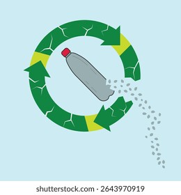 Vector illustration of cracked plastic bottle breaking down into microplastics, surrounded by a damaged recycling symbol. Conceptual image highlighting plastic pollution and flawed recycling systems.
