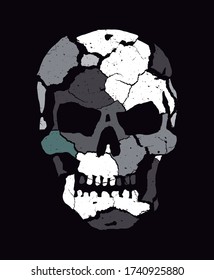 Vector illustration of cracked skull in shades of black and gray.