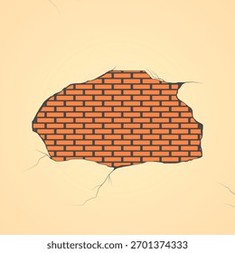 Ilustración vectorial de la superficie de la pared agrietada que muestra la textura de ladrillo rojo detrás de la capa de yeso