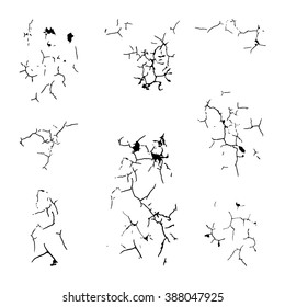 Vector illustration of cracks. Set of 8 different isolated crackes on white backdrop. Fully editable file for project.