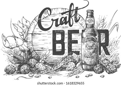 Vector illustration of craft beer calligraphy lettering composition on wooden barrel, hops, wheat and bottle background. Perfect illustration for pub or bar menu. Vintage hand drawn style