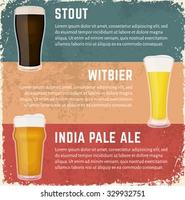 Vector illustration of craft beer styles. Stout, Belgian witber and India pale ale. Different craft beer varieties. Retro craft beer banners in dirty grunge style.