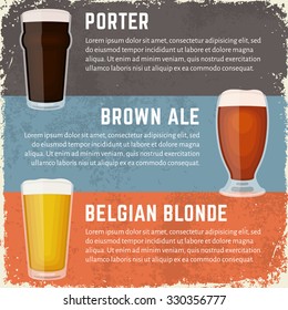 Vector illustration of craft beer styles. Glasses of porter, brown ale and belgian blonde. Vintage craft beer banners in dirty grunge style.