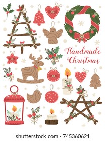 Vector illustration of craft decorations. Candlesticks, red decorations, christmas tree, toys, jingle. Handcrafts, rustic design elements