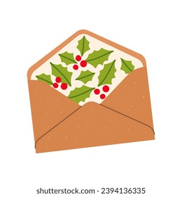 Vector illustration of a craft envelope with a Christmas decoration. Holly and berries on the inside of the envelope. Isolated design on a white background.