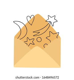 Vector illustration of craft envelope and doodle moon and stars inside on white background.