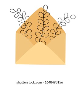 Vector illustration of craft envelope and doodle floral brances inside on white background.