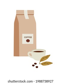 Vector illustration of craft package with coffee, a cup of coffee, and coffee beans, isolated on white. Hand-drawn set. Suitable for coffee shops, restaurants, illustration morning routine.
