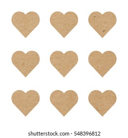 Vector illustration of craft paper textured hearts, valentine card, love symbol, sticker notes isolated on white background