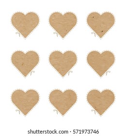 Vector illustration of craft paper textured hearts, valentine card cut out, love symbol, note stickers isolated on white background
