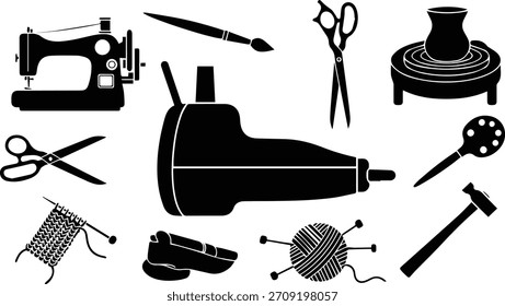 Ilustración vectorial de herramientas de artesanía Colección de siluetas
